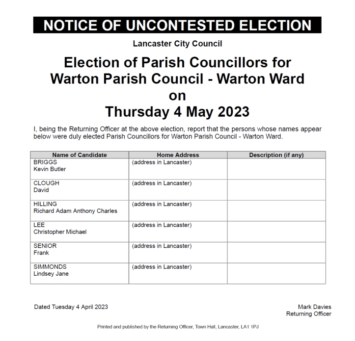 PARISH Notice of Uncontested Election Warton Parish Warton Ward